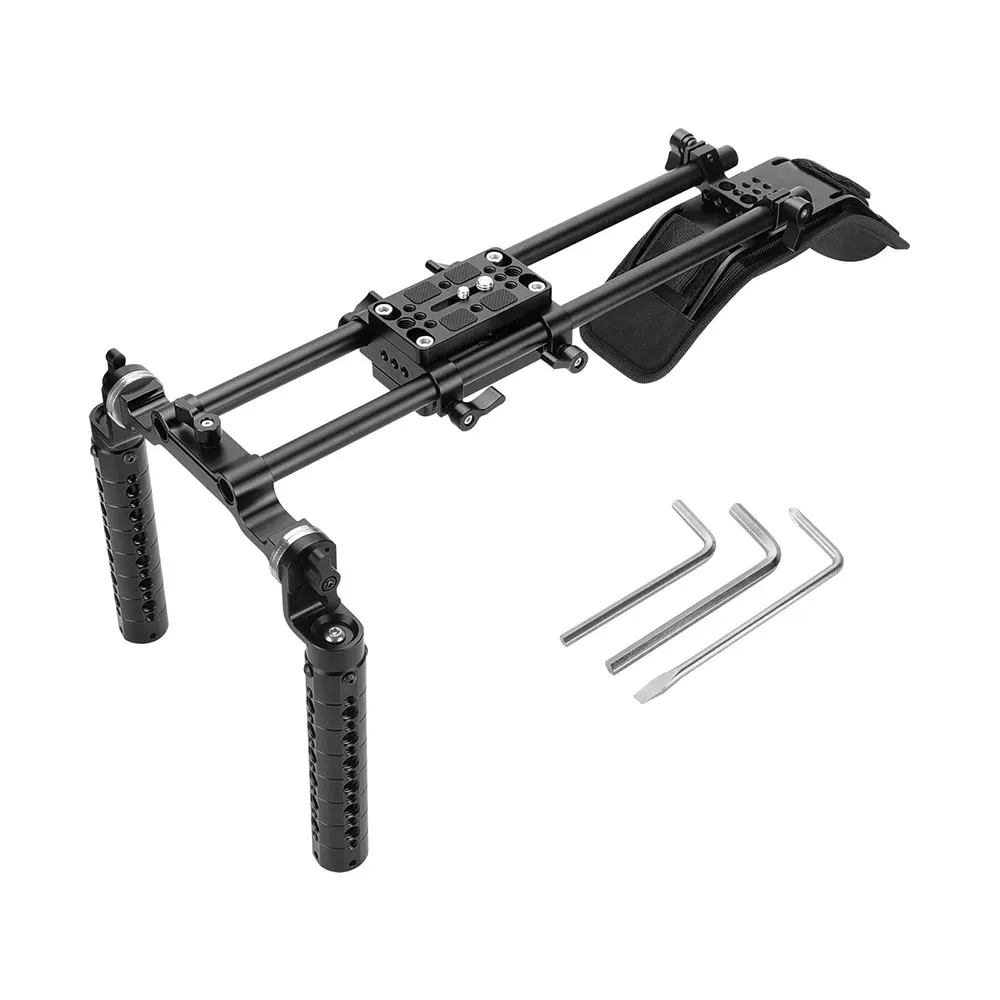 

Pro Shoulder Mount Support Rig With Camera Mounting Base Plate & Dual Rosette Cheese Handgrip For DSLR Camera DV Camcorder