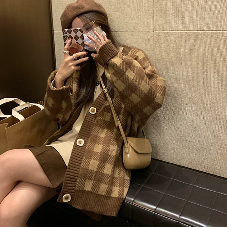 

Harajuku милый вязаный кардиган в виде шахматной доски, осенний свободный свитер с длинными рукавами, женский однобортный кардиган в стиле гранж Y2k