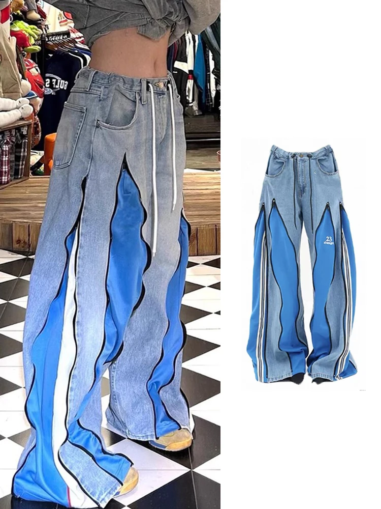 Pantaloni in denim color retrò americano Pantaloni estivi da donna di nuovo design a gamba larga lunghi fino al pavimento Jeans casual a vita alta