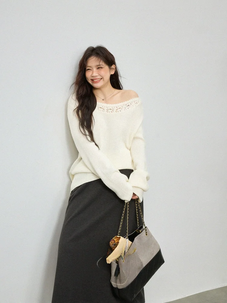 

Женский вязаный свитер больших размеров с вышивкой крючком, ажурный, мягкий, уютный, на одно плечо, в французском стиле, свободного кроя, с длинными рукавами, из хлопка