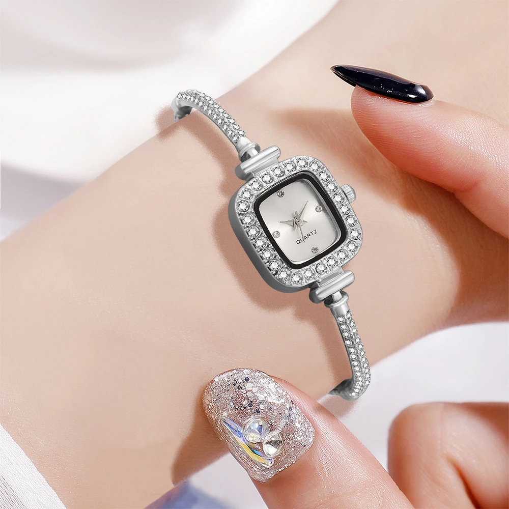 6PCS/Set Women Silver White Watch Square Diamond Face Dial Quartz Wristwatch Alloy Bracelet Watch Jewelry Set Gift For Mom