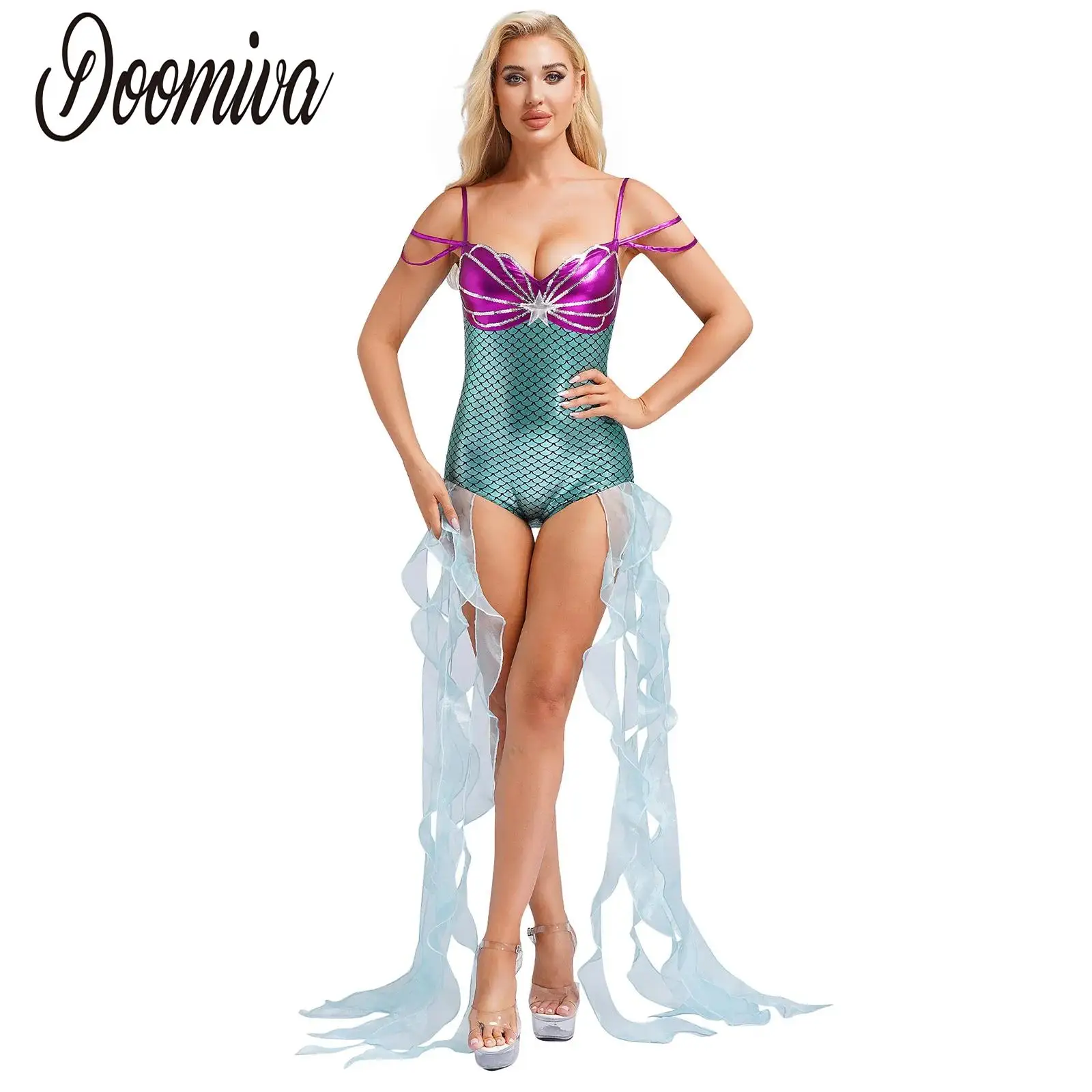 

Women Mermaid Cosplay Costume Jumpsuit Halloween Cosplay Party Shiny Fish Scale Print Leotard Bodysuit with Tulle Ruffle Ribbons