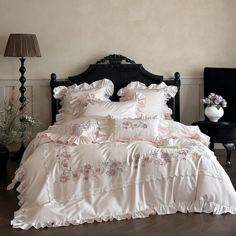 

Rose Flowers Embroidery Lace Ruffles Luxury Bedding Set 1000TC Egyptian Cotton Duvet Cover Set Flat/Fitted Bed Sheet Pillowcases