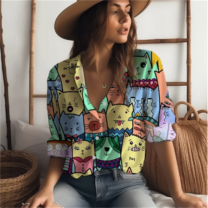 Women\'s 3D Shirt Printed Animal Graphics Long Sleeve Loose Soft Comfortable Button Lapel Fashion Shirt Sun Visor Breathable Wome