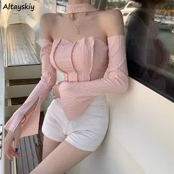 Long Sleeve T-shirts Women Off-shoulder Sweet Sexy Gentle Design Halter Slim Holiday Korean Style Classic Summer Hot Sale Crop