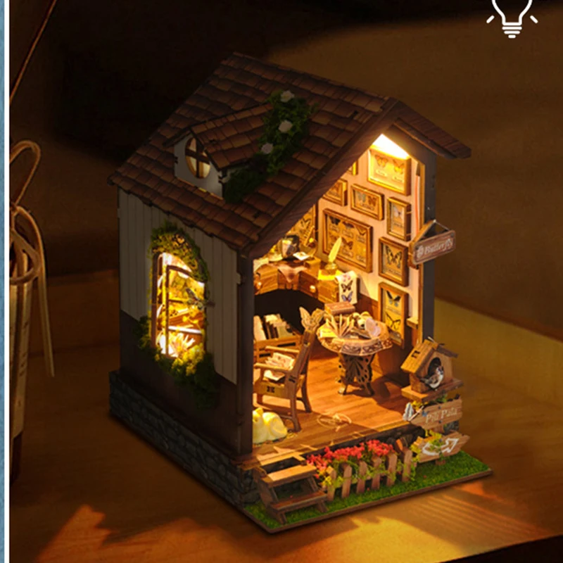 Kit de estante de madera para rincón de libros, sujetalibros de casa de mariposa, Kits de modelos en miniatura con luces, estantería para amigos, regalos de cumpleaños