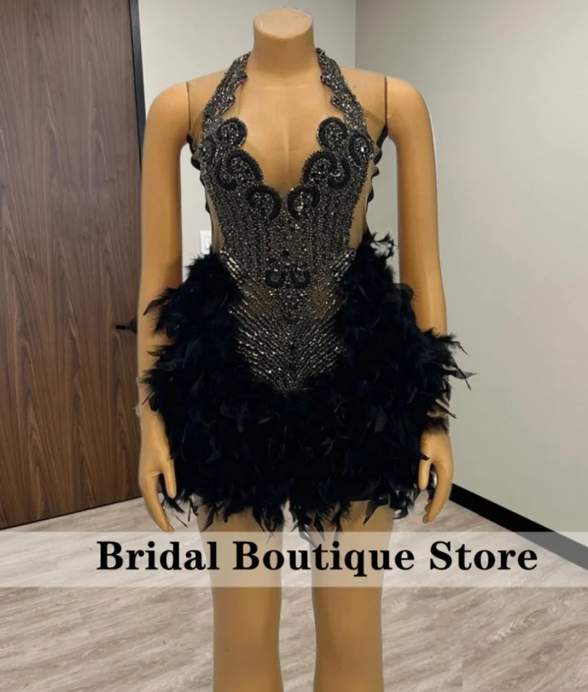 Sparkly Black Diamonds Prom Gown Glitter Beads Crystal Rhinestones Feathers Birthday Party Cocktail Homecoming Robe Customized 