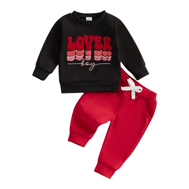 Baby Boy Fall Outfit Long Sleeve O-Neck Letter Embroidered Fashion Tops with Bow Tie Pants