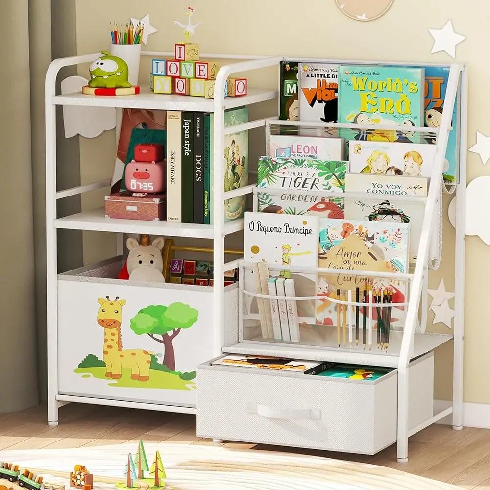 

Kids Bookshelf And Toy Storage Organizer - 4 Tier Book Shelf With Movable Toy Box For Kids Rooms, I Bookcase And Toy Organizer