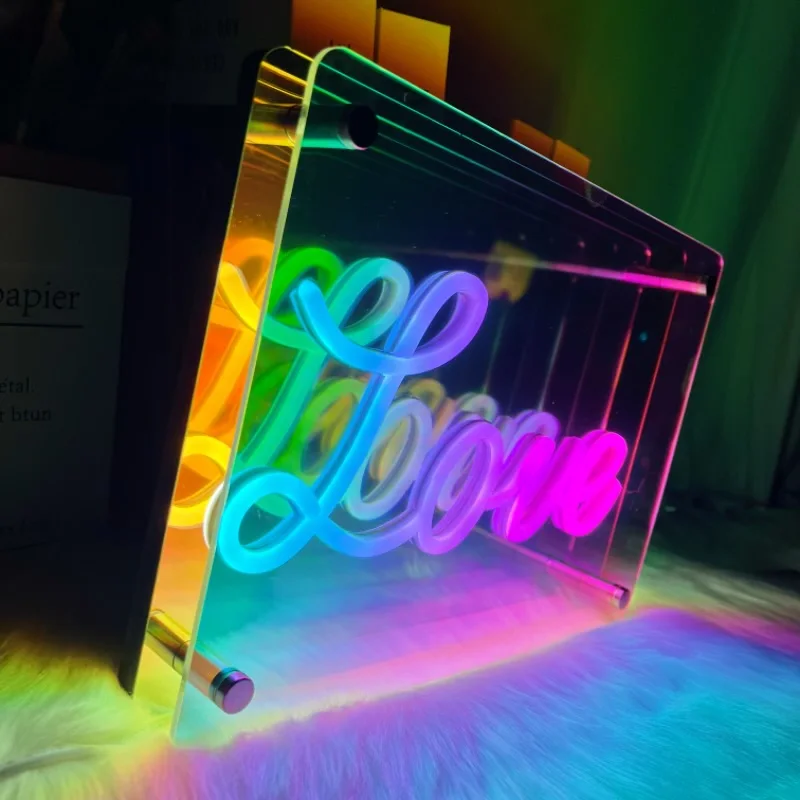 Love Infinity Mirror Neon Sign LED USB Powered Neon Signs Night Light 3D Table Art Decor Bedroom