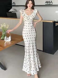 Elegant Bodycon Dot Midi Dresses for Women Ruffles V-neck Sleeveless Slim Mermaid Evening Party Dress Prom Robe Vestidos Mujer