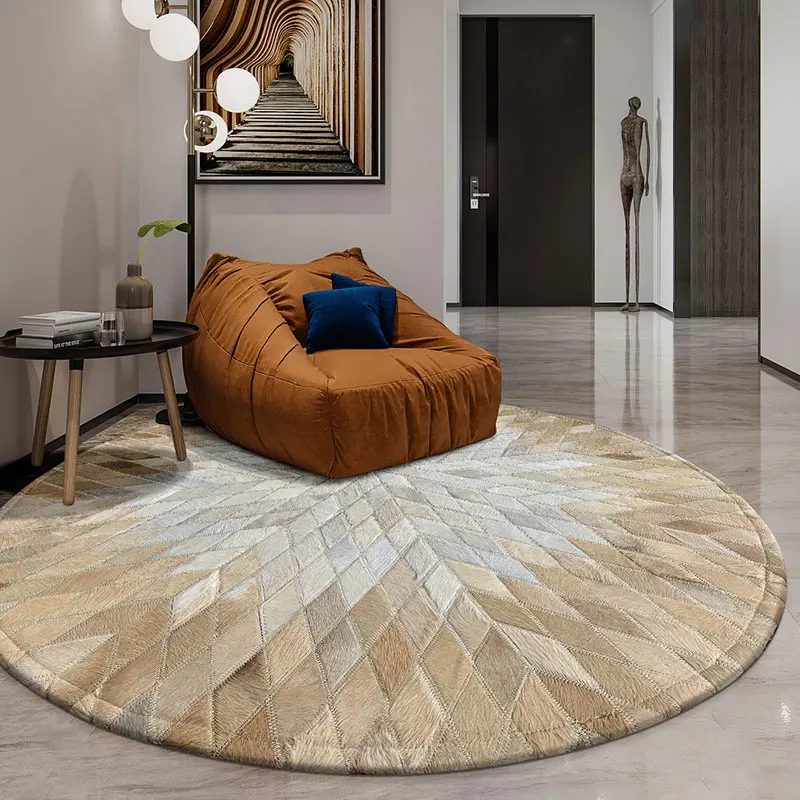 Real Brown Real Cowhide Patchwork Round Rug Modern Sofa Tea Table Floor Area Rug Genuine Cow Skin Calfskin Bedroom Carpet Mat