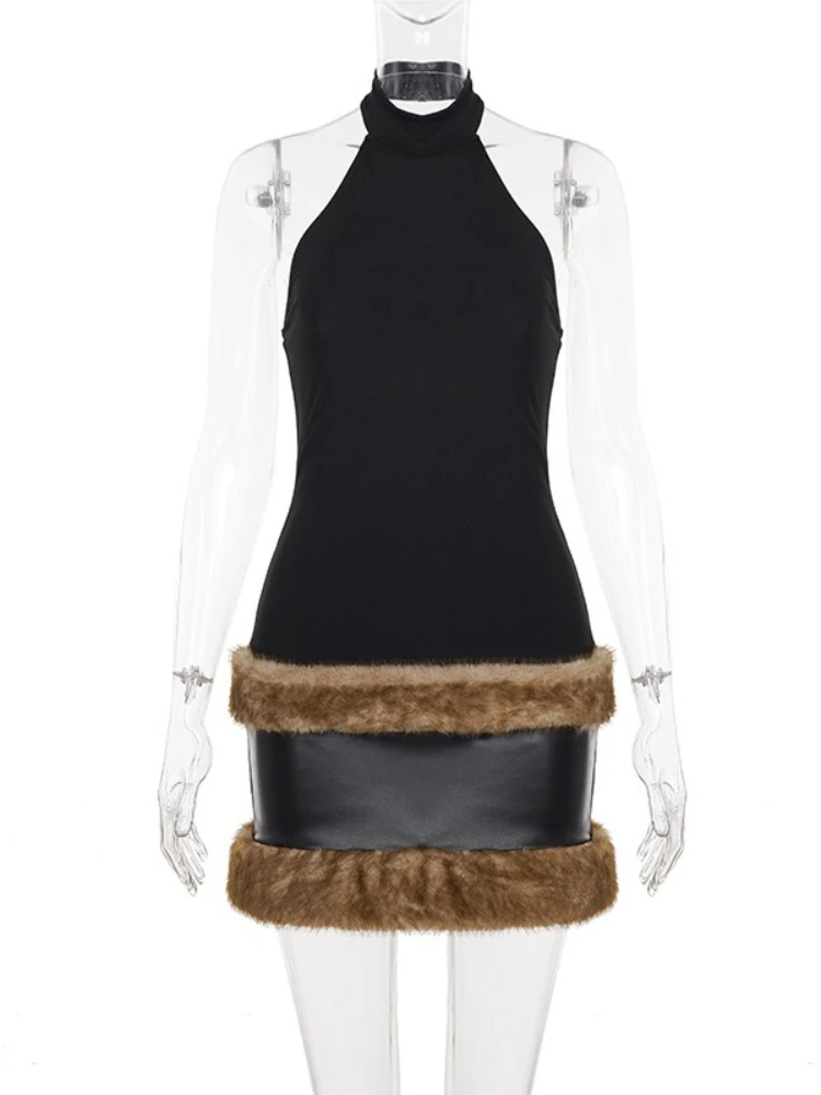 SsTss レディース ノースリーブ ミニドレス 2025 Y2K フェイクファー装飾 スリム ハイウエスト PUレザー パッチワーク ボディコン ドレス クラブ パーティー ローブ