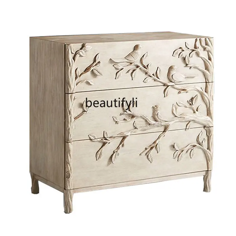 High-End French-Style Wood Carving Chest of Drawers Vintage Distressed Decorative Cabinet BedsideTable American Entrance Cabinet