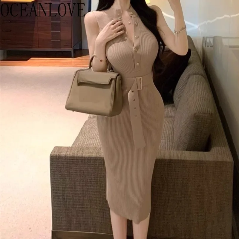 

OCEANLOVE Knitted Sexy Bodycon Dresses Women Sleeveless Solid Spring Summer Long Dress Korean Fashion Elegant Vestidos Mujer