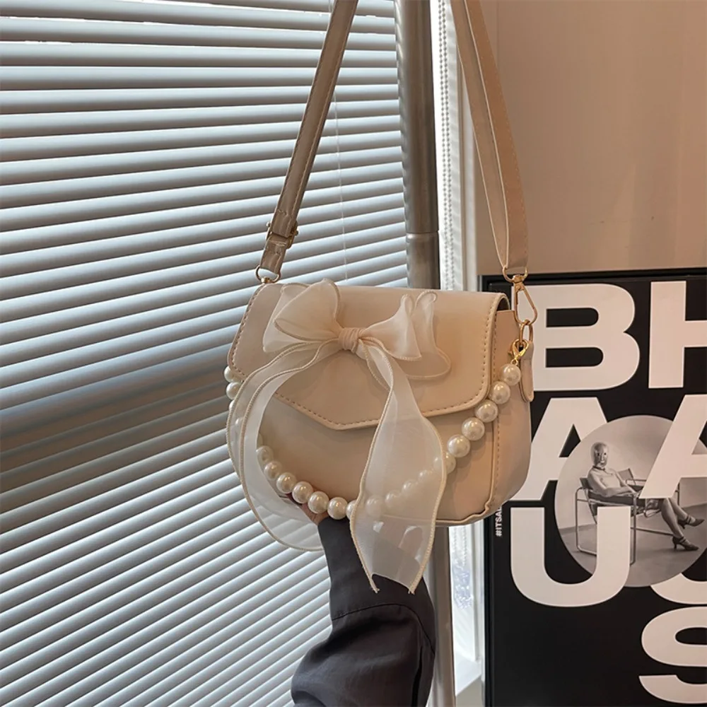 High Quality PU Pearl Chain Bag Bow Knot Solid Color Shoulder Bag Bow Hand Carry Bag