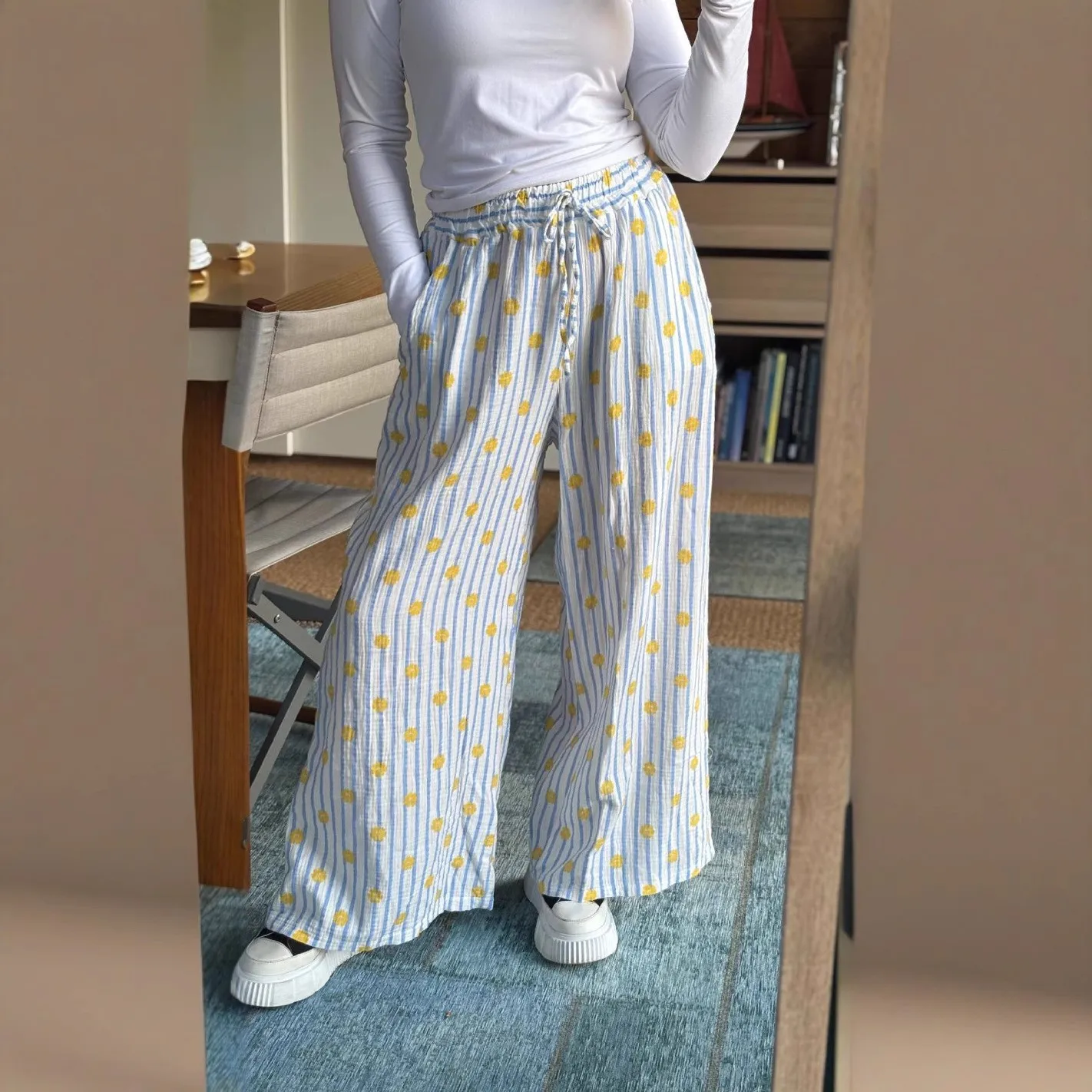 Été mince rayé imprimé femmes pantalons décontractés taille haute Dstring haute élastique Polyester tissu décontracté Sle