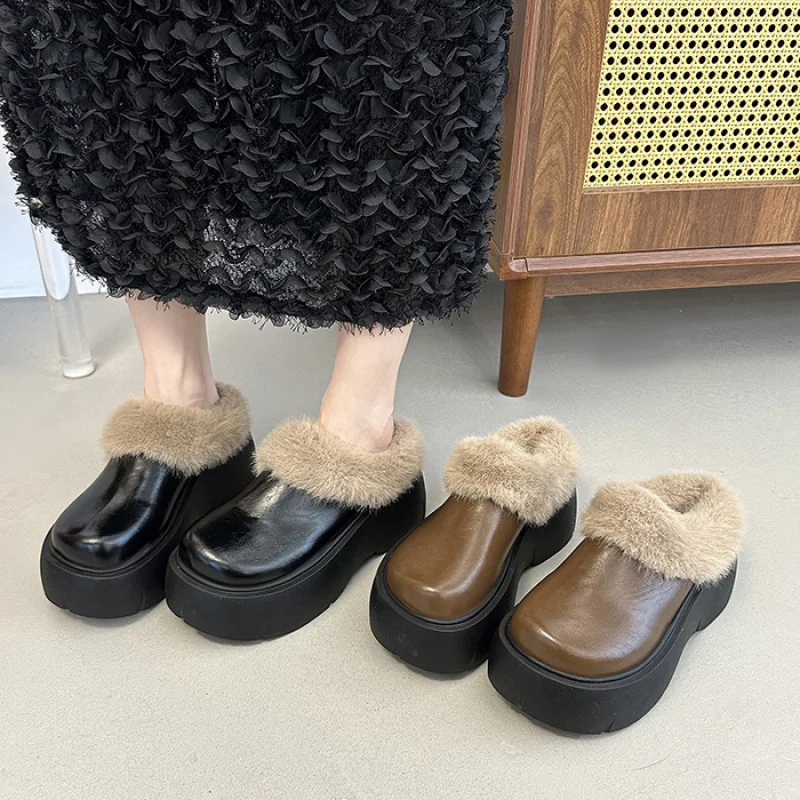 

Thick-Soled Closed-Toe Furry Shoes with Fleece Lining Slip-On Height-Increasing Snow Boots winter new fashion cotton slippers