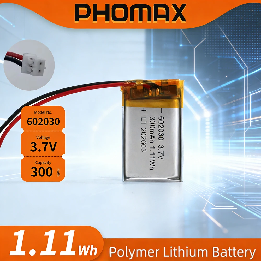 

PHOMAX 602030 300mAh Lithium Rechargeable Battery 3.7V Li-ion Polymer Battery for Bluetooth Headset Speaker Monitor Self-Timer