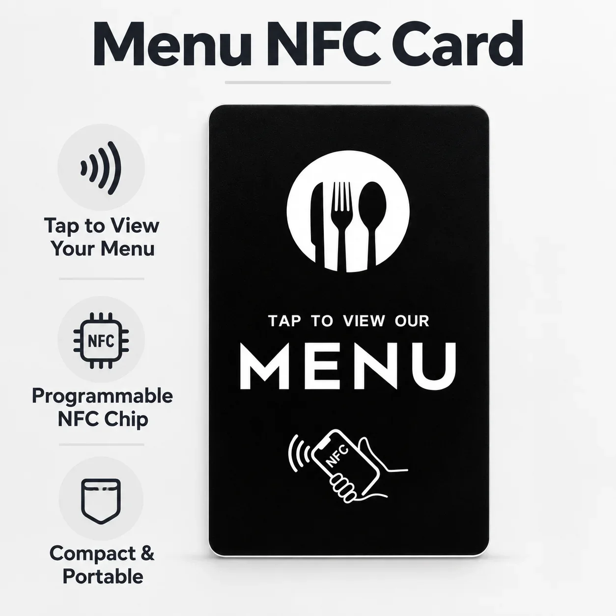1pc NFC Digital Menu Card NTAG215 Rewritable Black PVC Cutlery Design Tap to View Menu for Restaurants and Coffee Shops