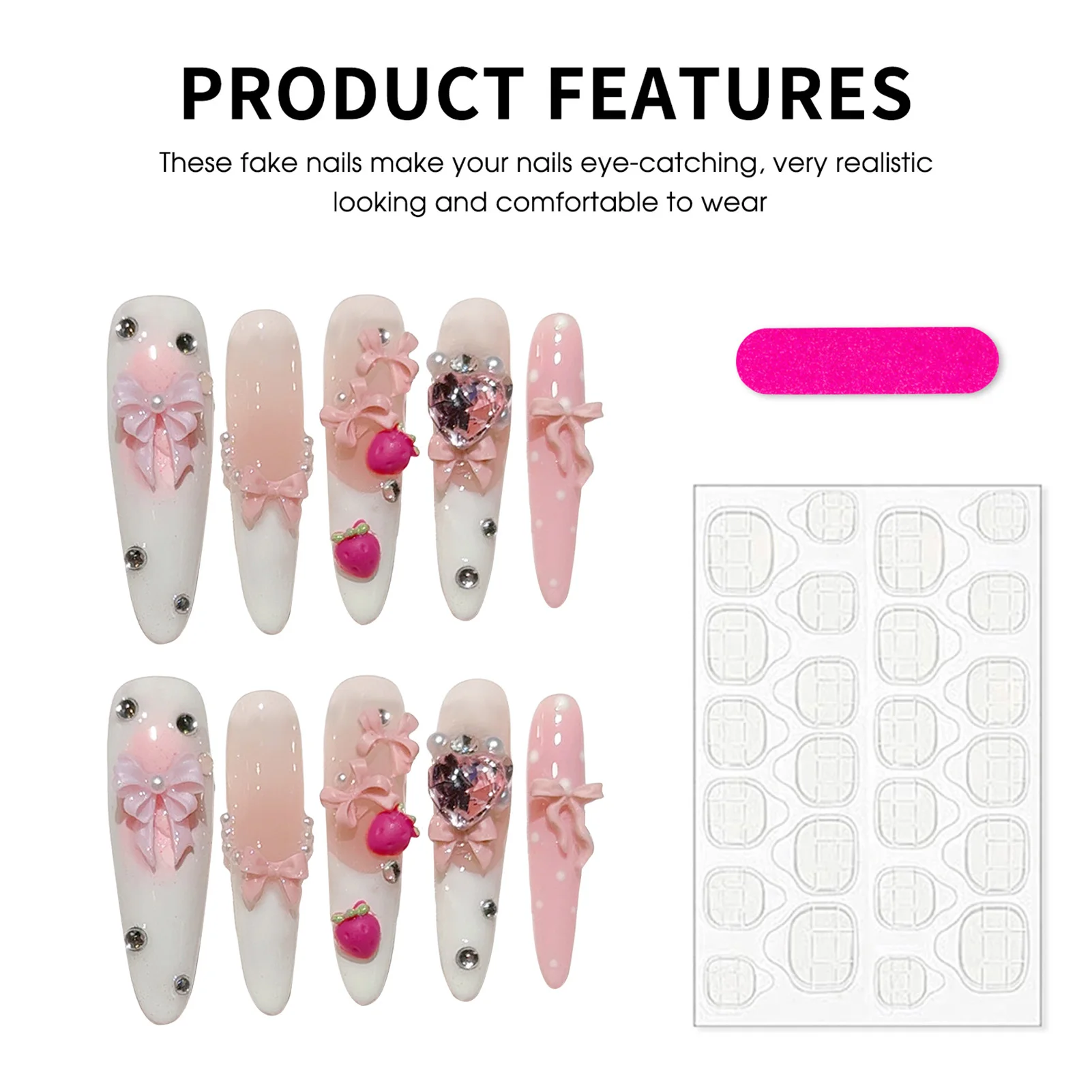 الأبيض الوردي أحمر الخدود اضغط على الأظافر 10 قطعة اليدوية طويلة نعش خنجر وهمية NailsTips القوس الفراولة الأظافر التصحيح فريش أظافر صناعية #5