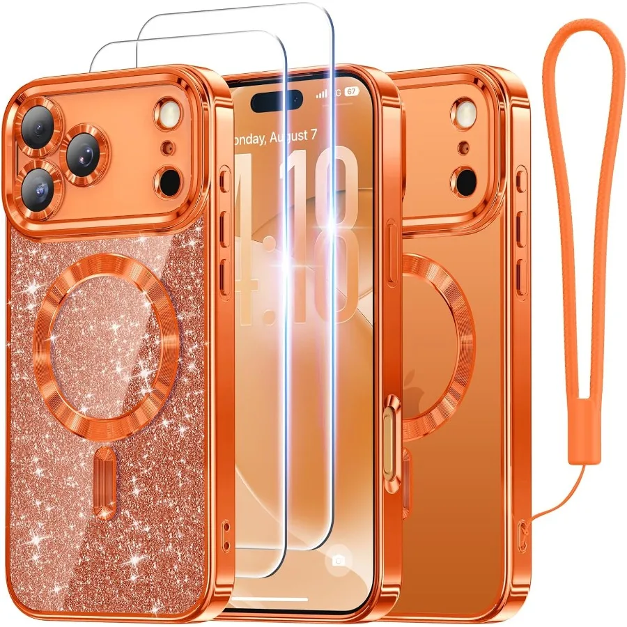 Diseñado para iPhone 17 Pro Funda 6.3 con correa para muñeca con tarjeta Glitter Compatible con MagSafe Incluye protección de pantalla 2X HD