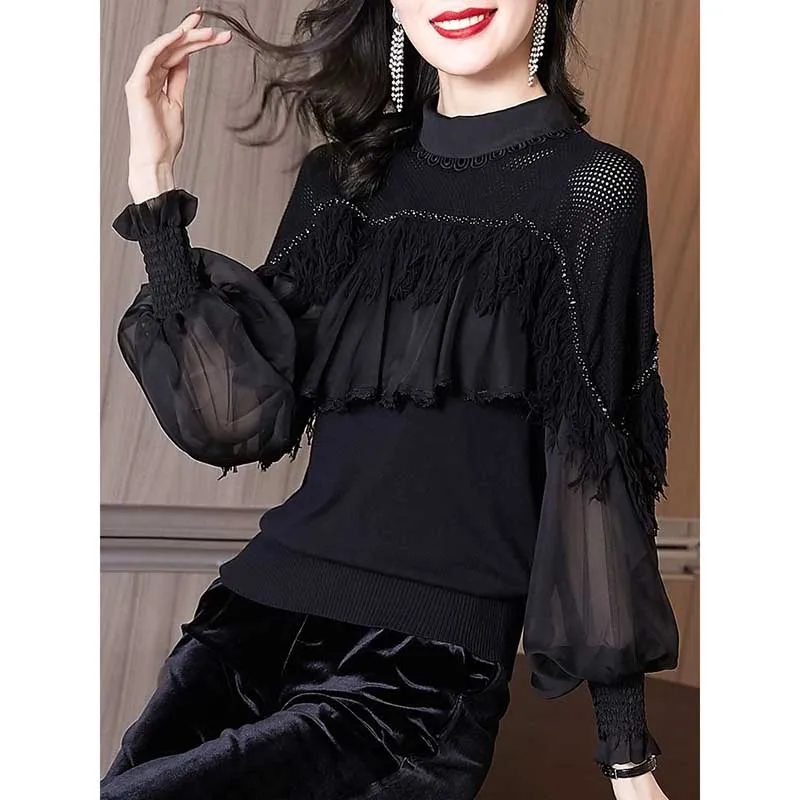 Elegant Gauze Spliced Beading Tassel Ruffles Blouses Women\'s Clothing 2024 Spring New Loose Korean Tops Lantern Sleeve Shirts