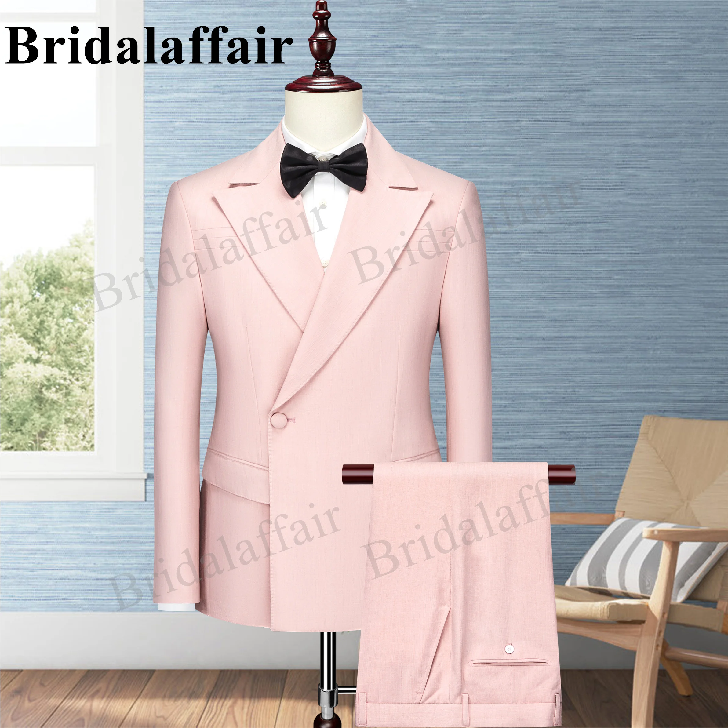 Bridalaffair Pale Pink Fabric 2 Piece Latest Coat Pants Designs Male Suits For Wedding Casual Man Blazers Slim Fit Costume Homme