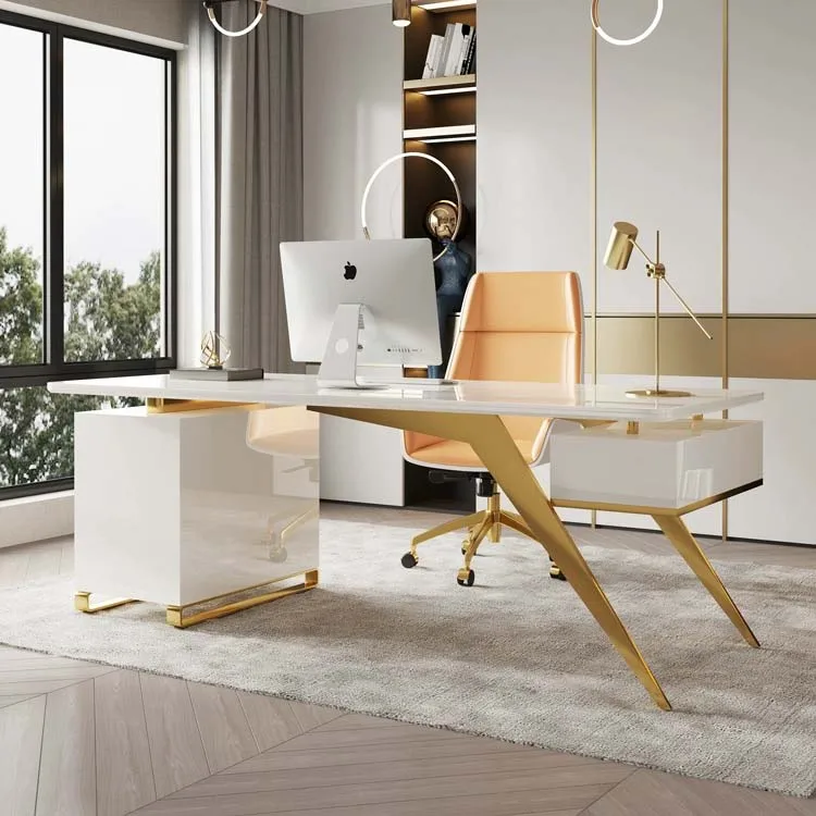 

Luxury Office Furniture Home Black White Ceo Office Desk Set Modern Gold Stainless Steel Frame Computer Desks Study Table