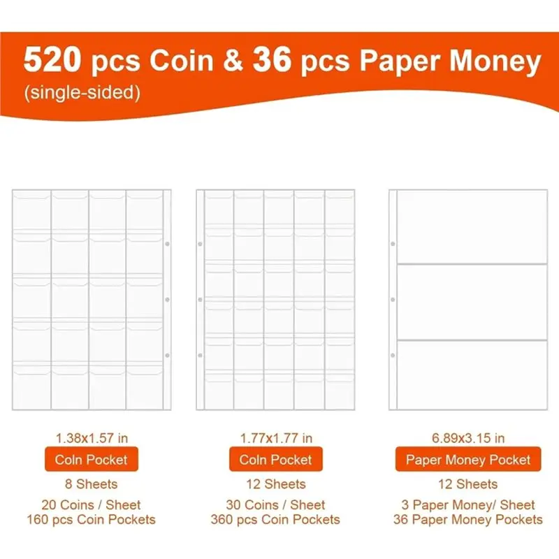 BTLIFE-Fireproof Coin Organizer 360 Pocket Coin Organiser Sleeve Album Money Clip For Collection Bookends For Collection Supplie