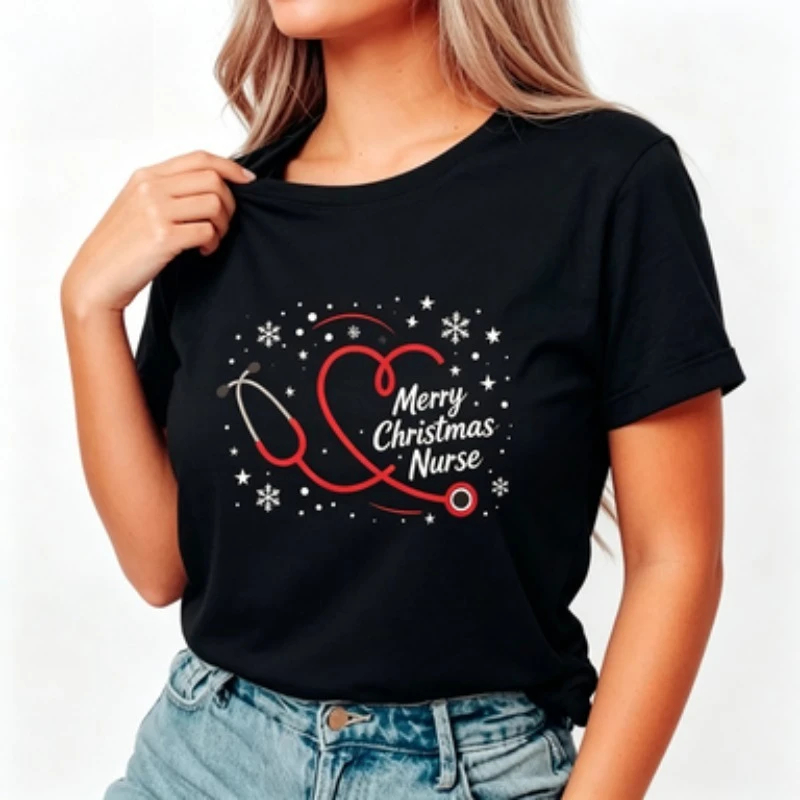 Women Round‑neck Cotton T‑Shirt Christmas Nurse Stethoscope Heart Graphic Print Holiday Casual Short‑sleeve Ladies Tops