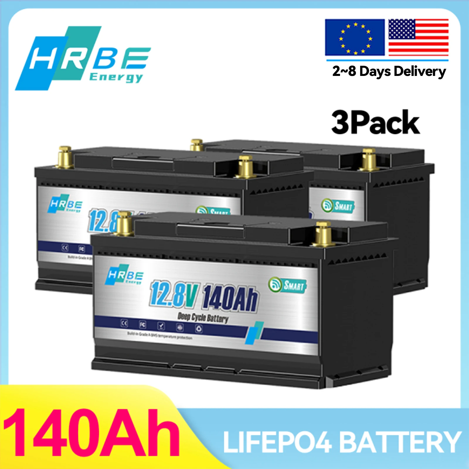 

HRBEEnergy 12 В 140 Ач LiFePO4 Bluetooth литиевая батарея с низкой температурой защиты, для троллингового двигателя, кемпинга, домашнего хранения энергии