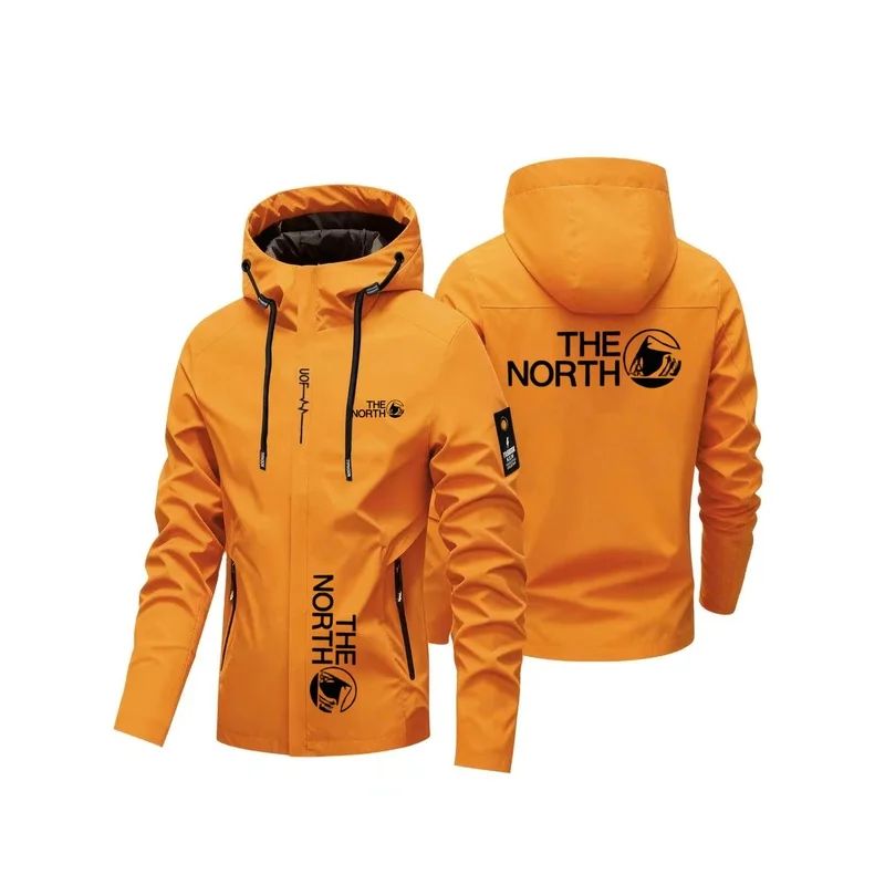 Men Hooded Windproof Jacket Full Zip Lightweight Outdoor Hiking Coat Letter Print Casual Sports Outerwear