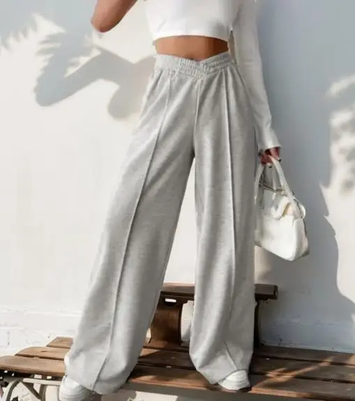 

Women's pants for autumn and winter 2025, new casual elastic V-shaped high waisted spliced wide leg pants for women's wear