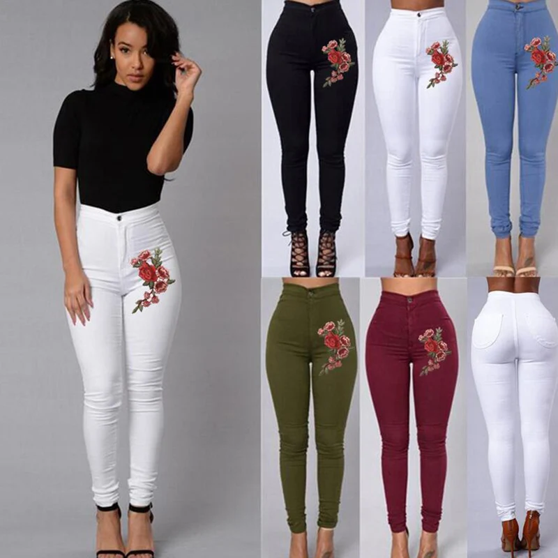 Pantalones de lápiz elásticos de cintura alta para mujer, pantalones de flores bordadas, ajustados, casuales, simples, combinan con todo, primavera y otoño