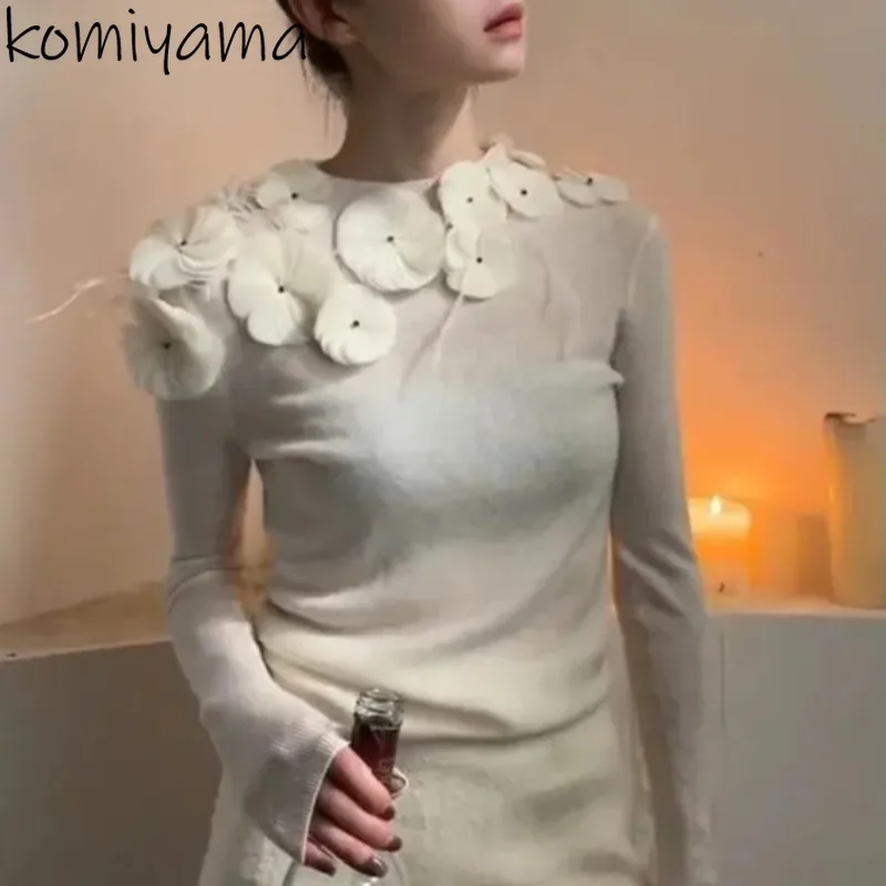 Chic Irregular Floral  Beads Outerwears New O-neck Sweater Ropa Mujer Spring Long Sleeve Pullovers Y2k E-Girl Pull Femmes