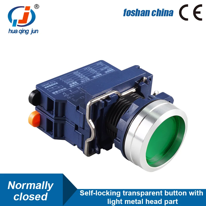 Huaqingjun Transparent Button Red Green Yellow Led Metal Self-locking NC Push Button Switch for Relay