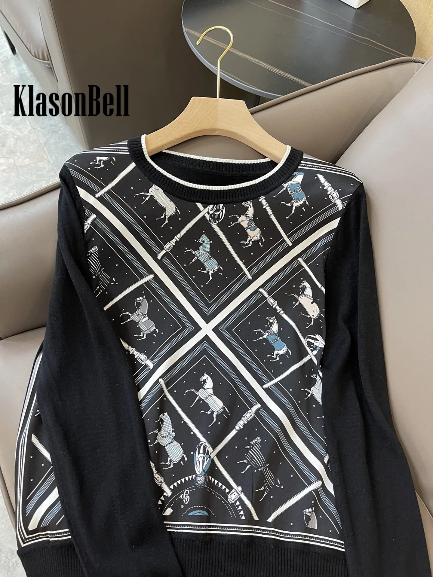 3.8 KlasonBell Classic Animal Print Pattern Silk Spliced Long Sleeve Knitwear Pullover Top Women Clothes