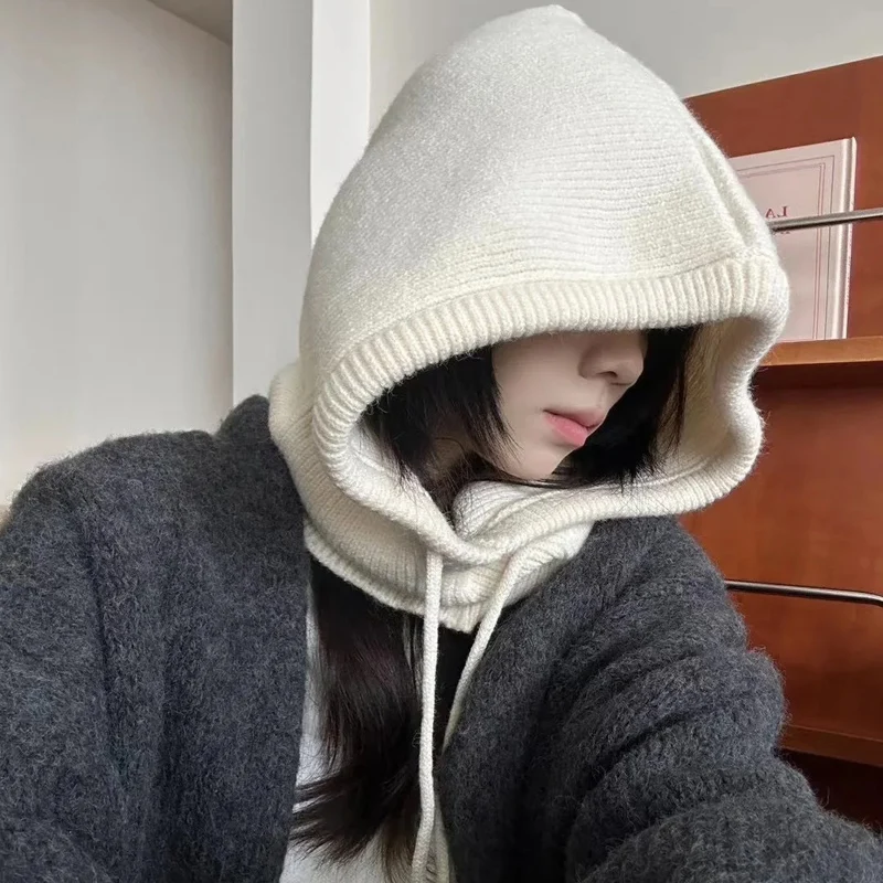 Winter Balaclava Hats For  Women Men  Unisex Knitted Hooded Caps Outdoor Warmer Drawstring Hats  Neck Collar Beanies Caps