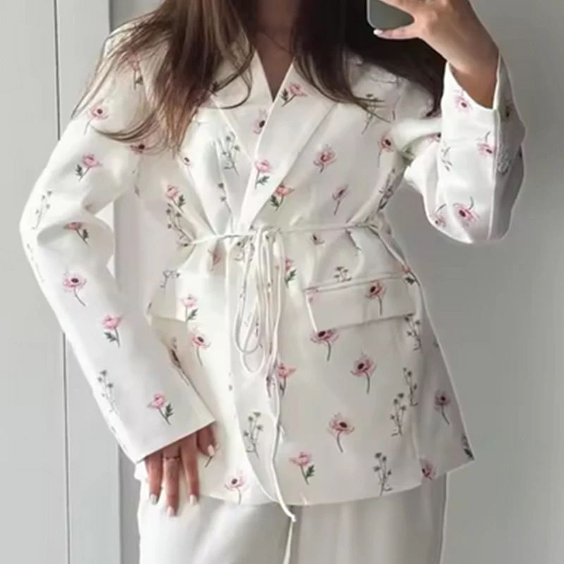 

Women Blazer 2025 New Fashion Lace-up Blazer for Women Printed Lapels Ladies Blazer Top Elegance Chic Women Coat