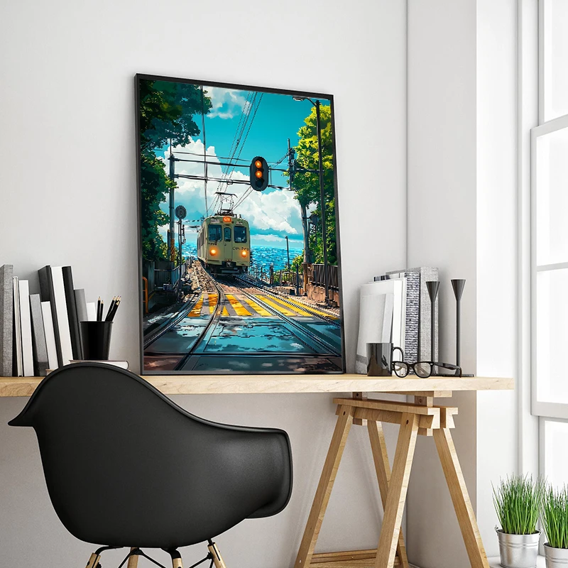 انمي ياباني قطار الترام سحابة شارع المحيط عرض المشهد المشارك يطبع حائط لوح رسم صورة فنية لغرفة ديكور المنزل