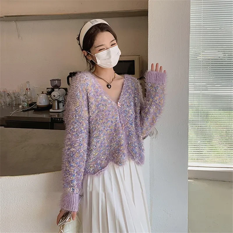 Elegant Mohair Sweater Coat Women Cardigans Autumn 2024 New Korean Loose Short Knitted Cardigan Outfits Sweater Sweet Knit Tops