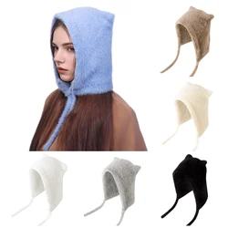 Winter Mink Velvet Fur Beanies for Women Men Cute Bear Ear Knitted Hat Crimped Straps Pullover Hat Hoody Balaclava Mom Gift