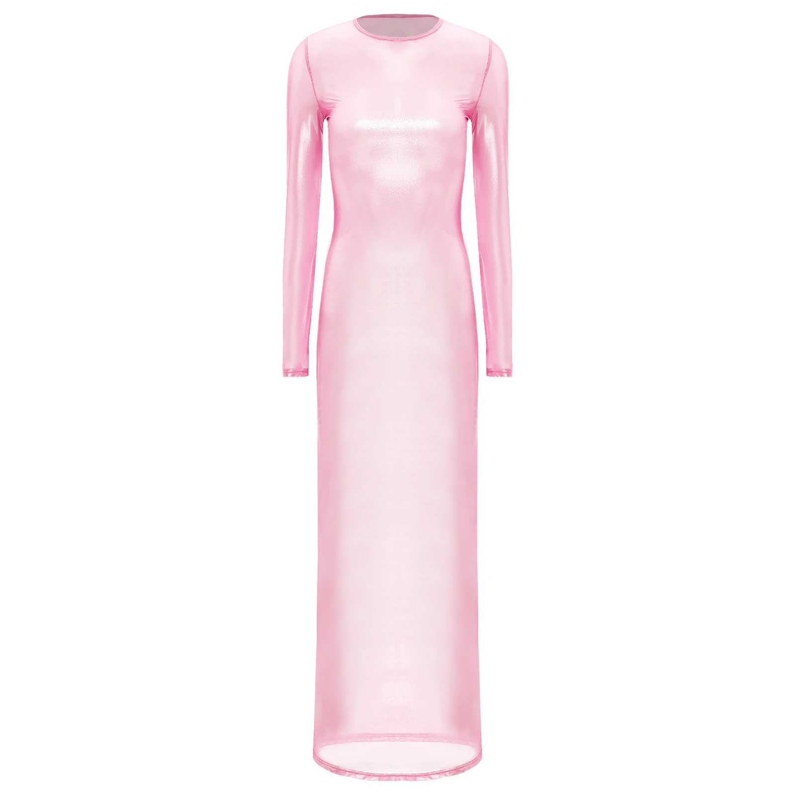 Womens Shiny Metallic Sheer Long Dress See Through Long Sleeve Bodycon Maxi Dress Cover Ups Rave Party Night Club Wear Underwear