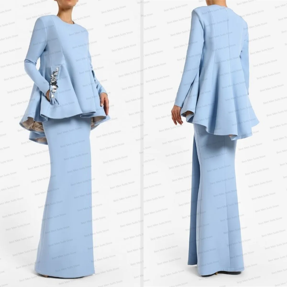 Sky Blue Mother of Guest Prom Dress Women Skirt Suits Set Luxury Sequins Blazer 2 Pieces Jacket+Long Party Gown Custom Made