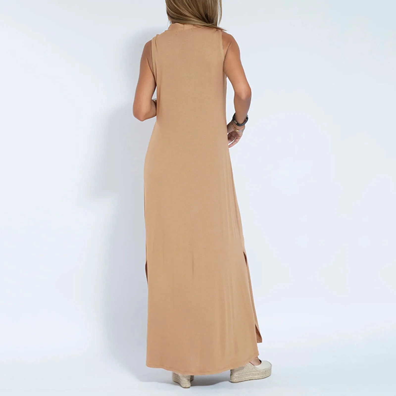 Women V Neck Solid Color Sleeveless Pullover Drape Casual Elegant Slit Dress Dress for Women below Knees