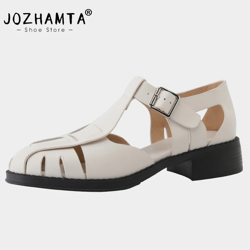 JOZHAMTA Size 34-39 Women Sandals Rome Woven Mid Heels Summer Shoes Woman Real Leather 2023 Fashion Buckle Strap Heeled Sandal