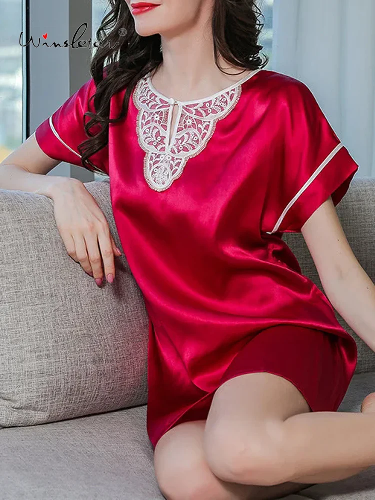 

Winsleter Woman Sexy Elegant Lace Short Sleeve Round Neckline Nightgown Sleepwear 100%Real Silk Night Dress 2024 Spring P3D803QC