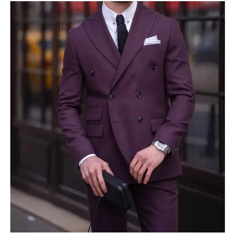 

Luxury Purple Men's Suits Double Breasted Custom Made Business Chic Formal Male Clothing 2 Piece Wedding Prom Mens Daily Wear