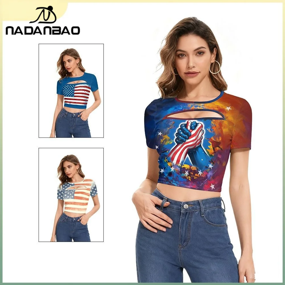 

Nadanbao Women's American Flag Print Crop Top Sexy Hollow Short Sleeves Shirt Independence Day Party Tops Ladies Streetwear